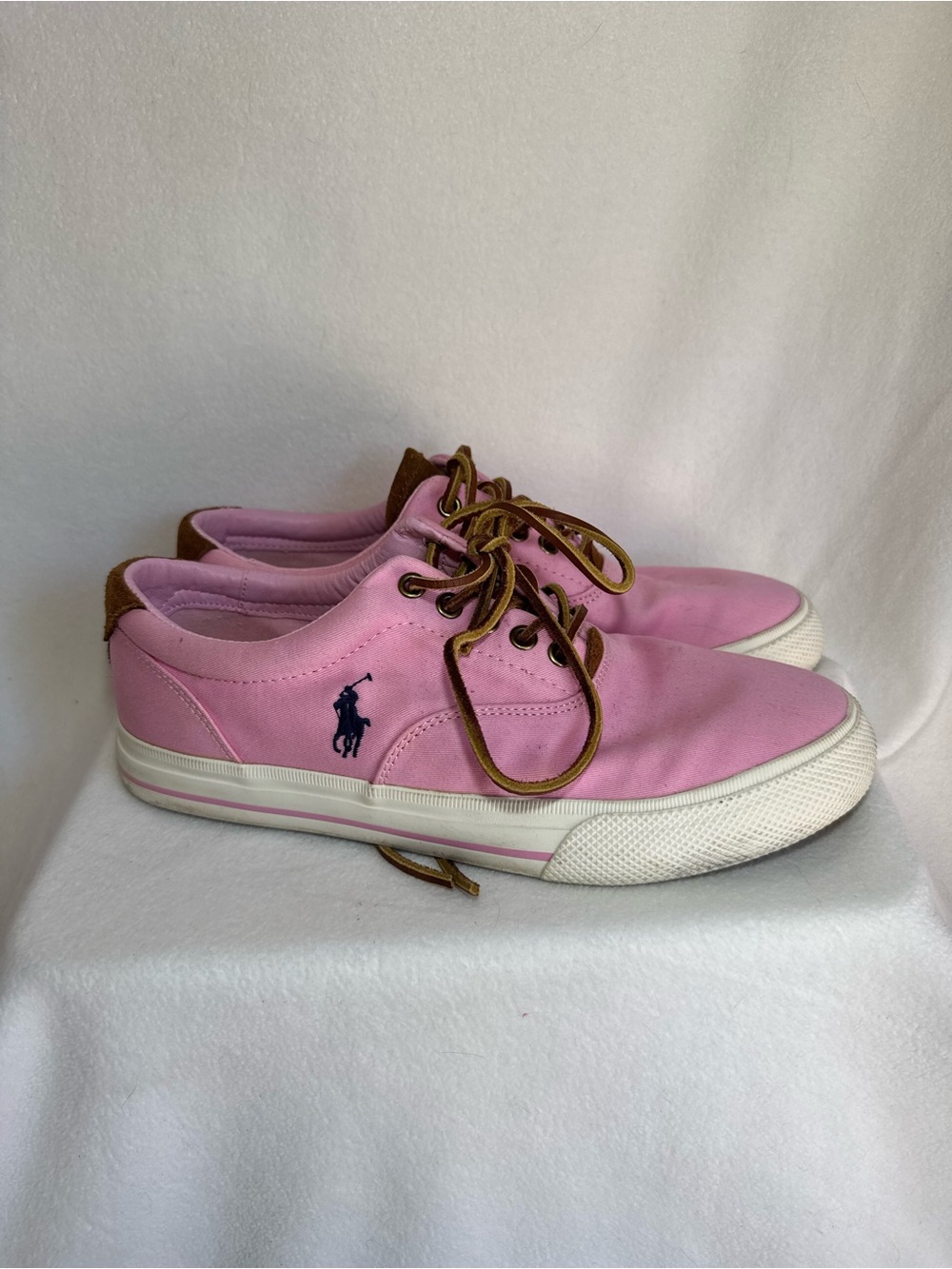 Polo Ralph Lauren Vaughn Mens 8.5D Pink Canvas Brown Suede Sneakers Shoes